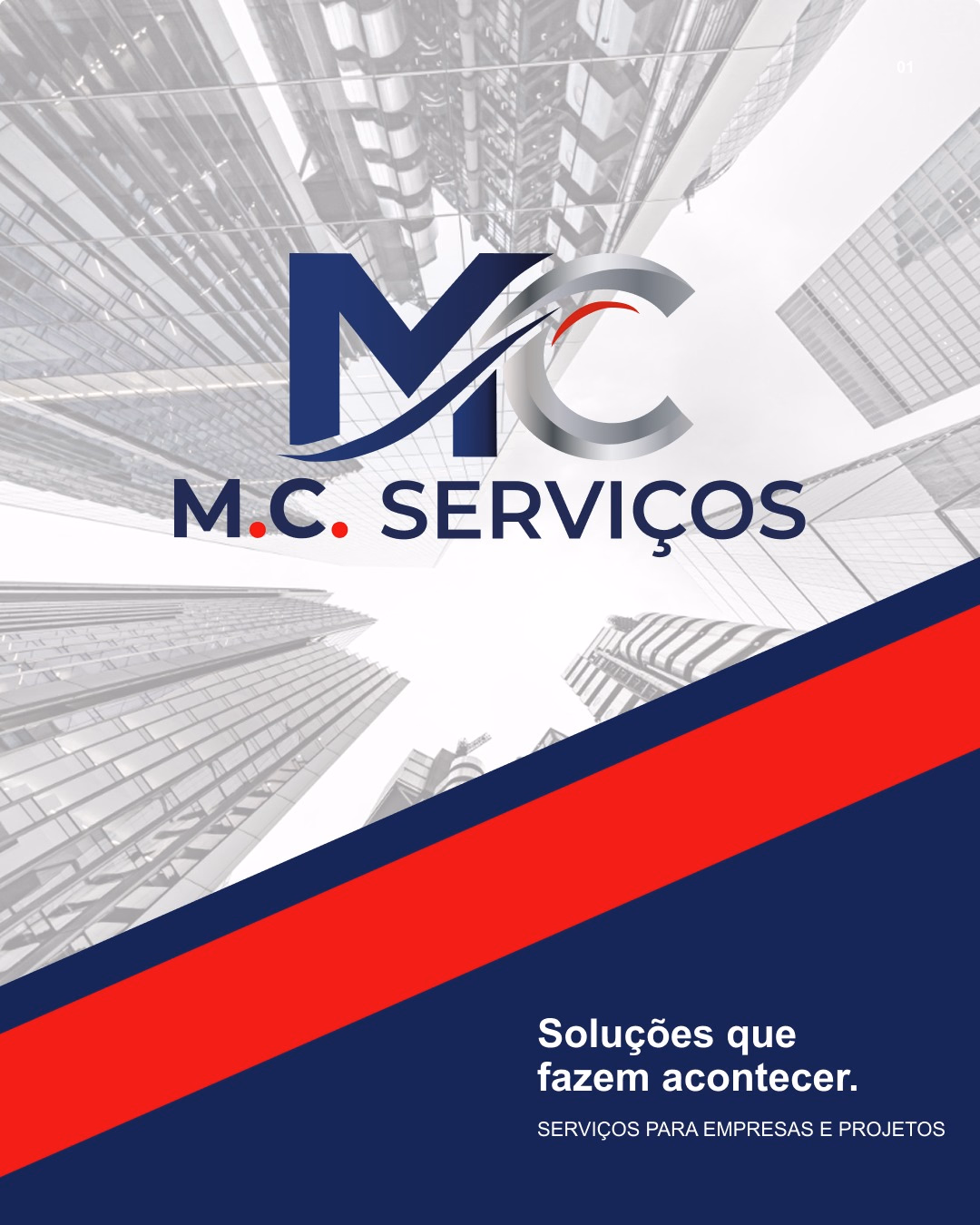 Capa da M.C. Serviços com o logotipo sobre fachadas de prédios e a frase Soluções que fazem acontecer