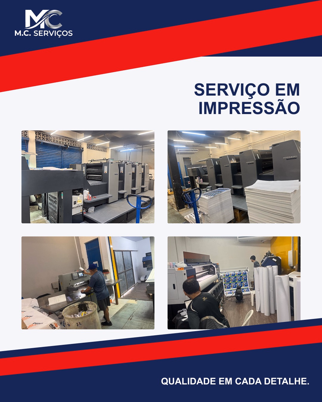 Arte da M.C. Serviços com o título Serviço em impressão e fotos do setor gráfico: máquinas de impressão, pilhas de papel e pessoas operando os equipamentos